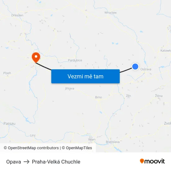 Opava to Praha-Velká Chuchle map