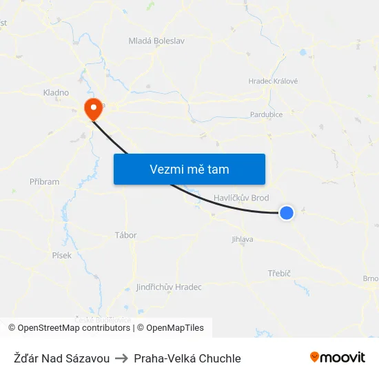 Žďár Nad Sázavou to Praha-Velká Chuchle map
