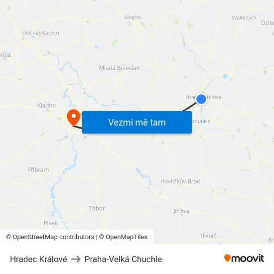 Hradec Králové to Praha-Velká Chuchle map