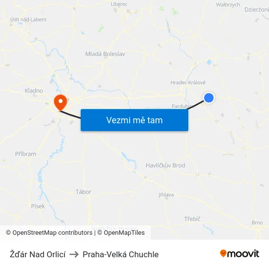 Žďár Nad Orlicí to Praha-Velká Chuchle map