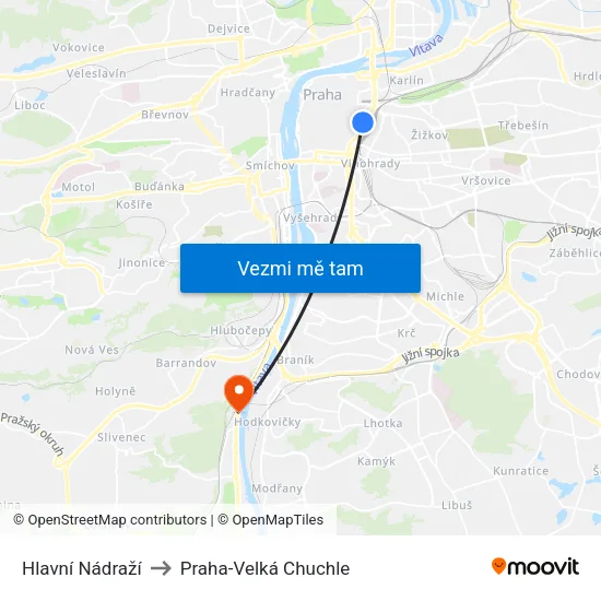 Hlavní Nádraží to Praha-Velká Chuchle map