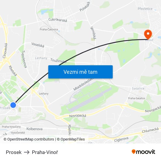 Prosek to Praha-Vinoř map