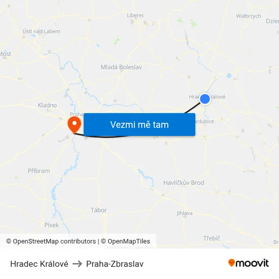 Hradec Králové to Praha-Zbraslav map