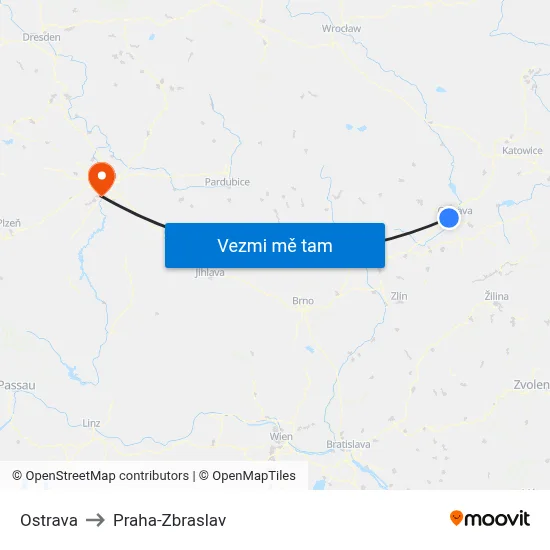 Ostrava to Praha-Zbraslav map