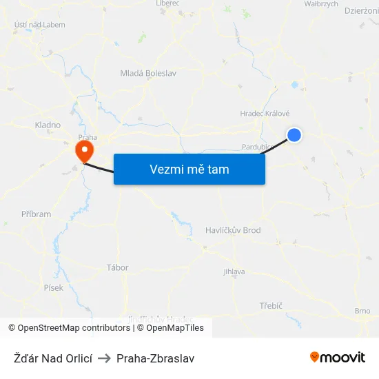 Žďár Nad Orlicí to Praha-Zbraslav map