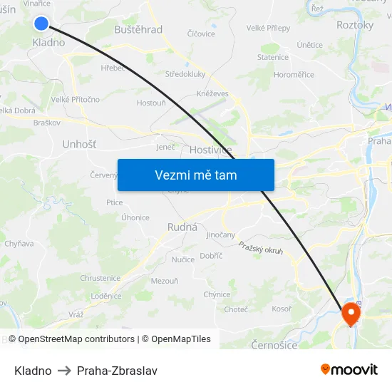 Kladno to Praha-Zbraslav map