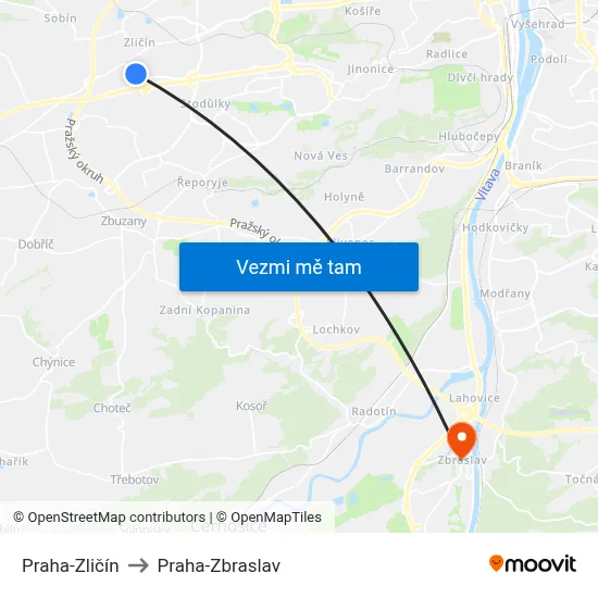 Praha-Zličín to Praha-Zbraslav map