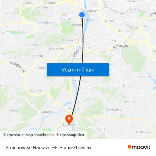Smíchovské Nádraží to Praha-Zbraslav map