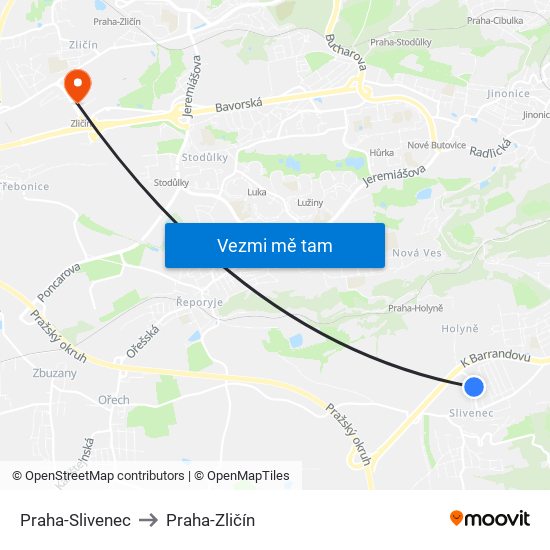 Praha-Slivenec to Praha-Zličín map