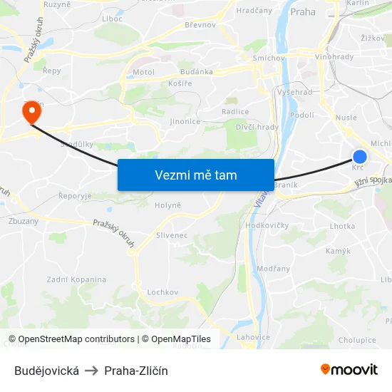 Budějovická to Praha-Zličín map