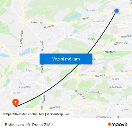 Bořislavka to Praha-Zličín map