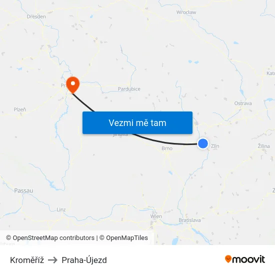 Kroměříž to Praha-Újezd map
