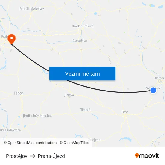 Prostějov to Praha-Újezd map