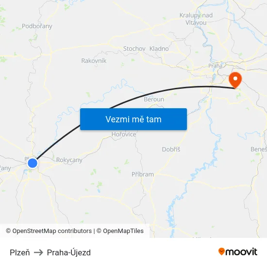 Plzeň to Praha-Újezd map