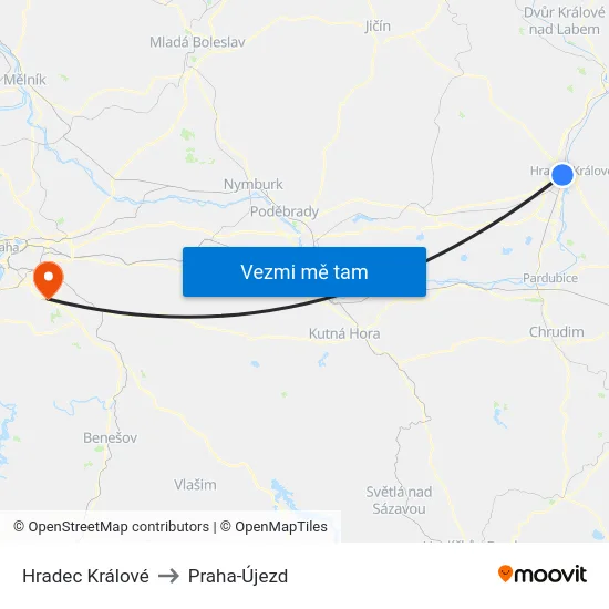 Hradec Králové to Praha-Újezd map