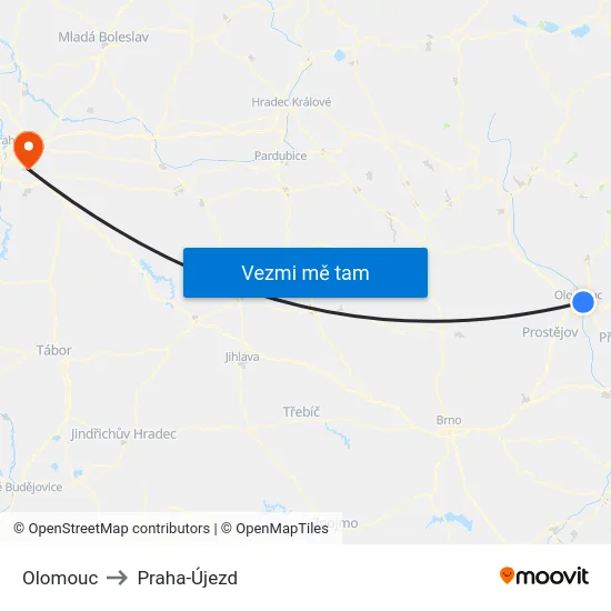 Olomouc to Praha-Újezd map