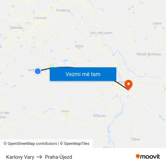 Karlovy Vary to Praha-Újezd map