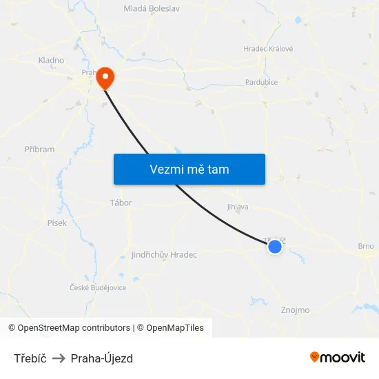 Třebíč to Praha-Újezd map