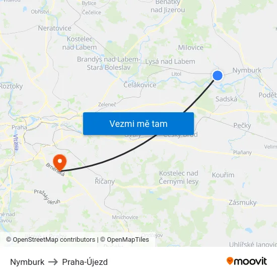 Nymburk to Praha-Újezd map