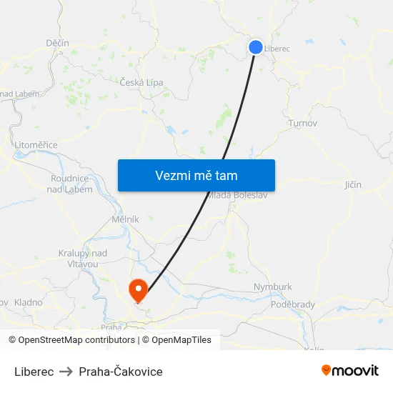 Liberec to Praha-Čakovice map
