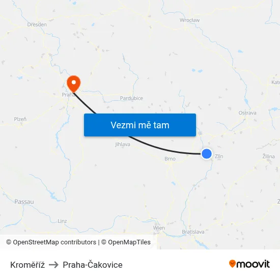 Kroměříž to Praha-Čakovice map