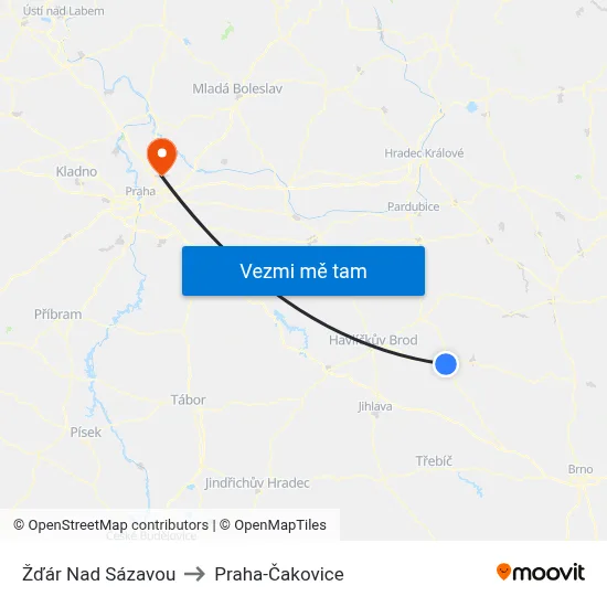 Žďár Nad Sázavou to Praha-Čakovice map