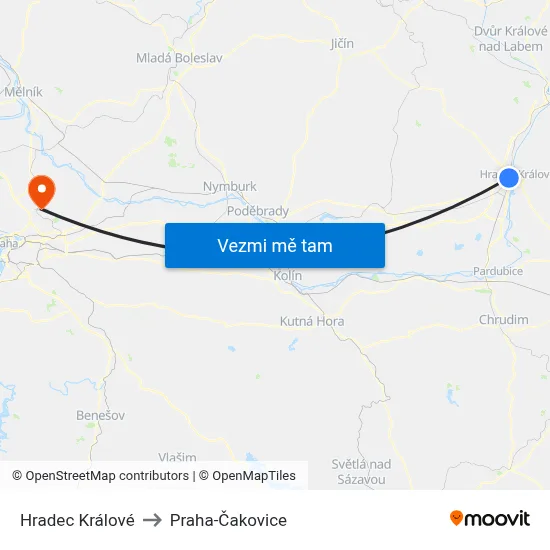 Hradec Králové to Praha-Čakovice map