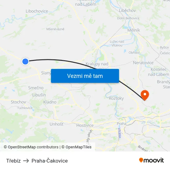 Třebíz to Praha-Čakovice map