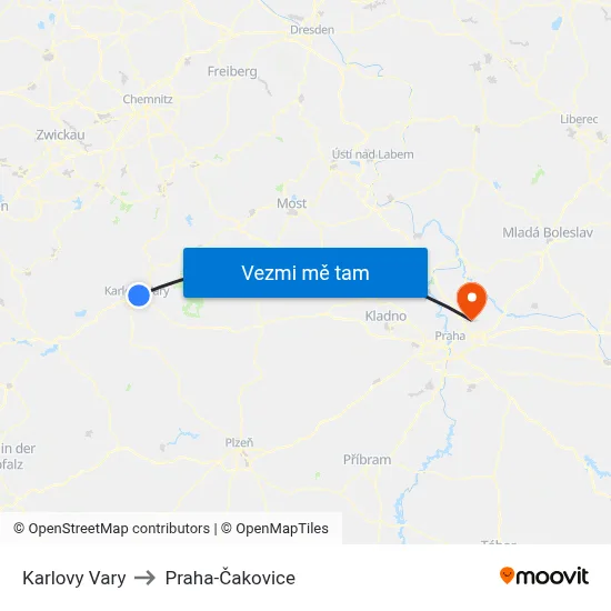 Karlovy Vary to Praha-Čakovice map