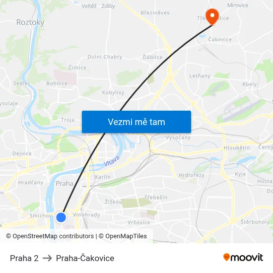 Praha 2 to Praha-Čakovice map