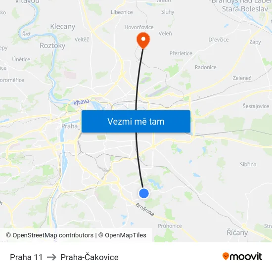 Praha 11 to Praha-Čakovice map