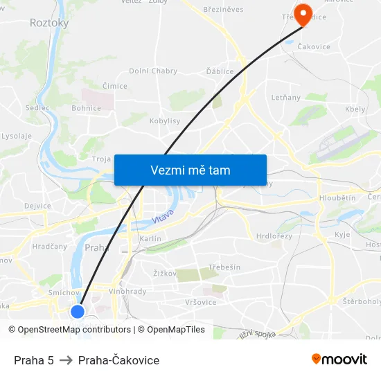 Praha 5 to Praha-Čakovice map