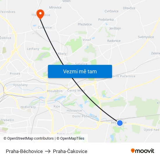 Praha-Běchovice to Praha-Čakovice map