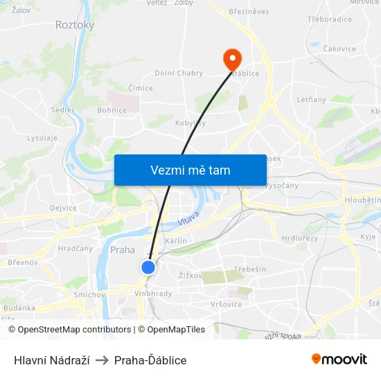 Hlavní Nádraží to Praha-Ďáblice map