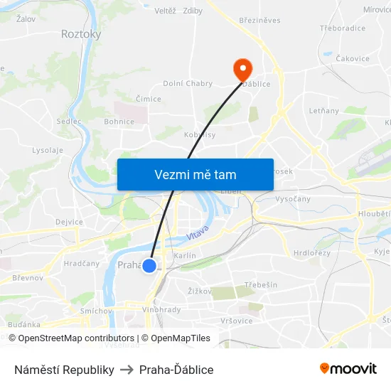 Náměstí Republiky to Praha-Ďáblice map