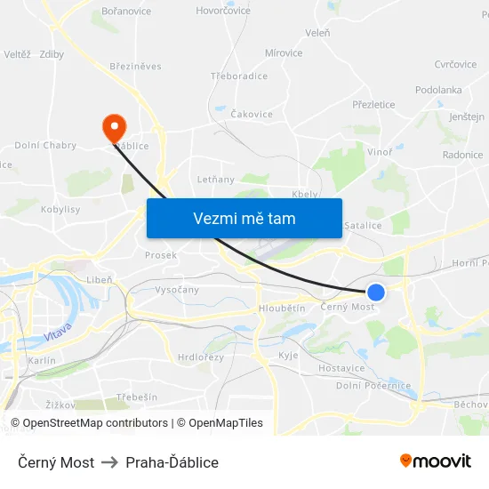Černý Most to Praha-Ďáblice map