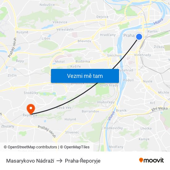 Masarykovo Nádraží to Praha-Řeporyje map