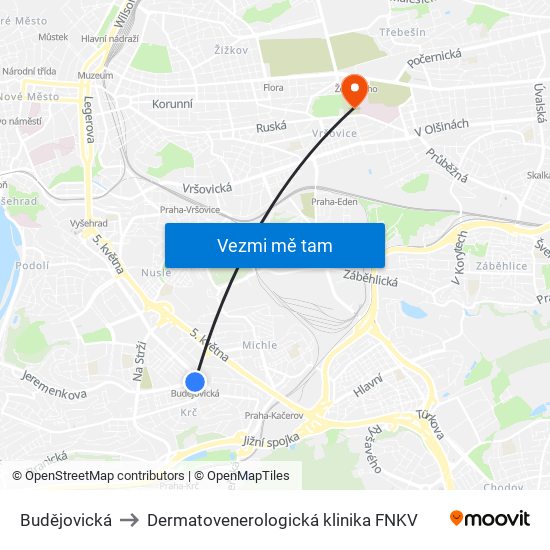 Budějovická to Dermatovenerologická klinika FNKV map