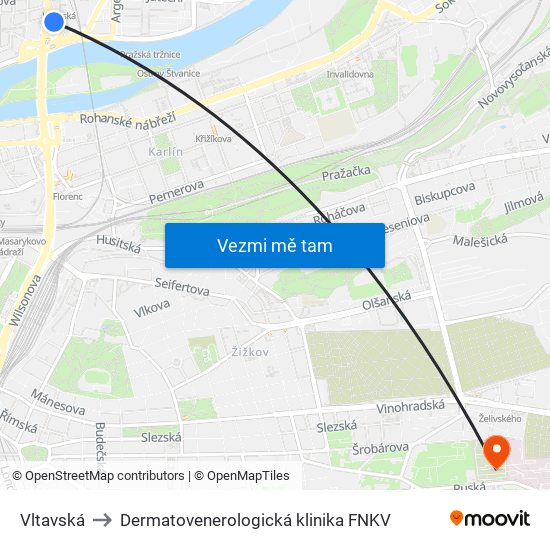 Vltavská to Dermatovenerologická klinika FNKV map