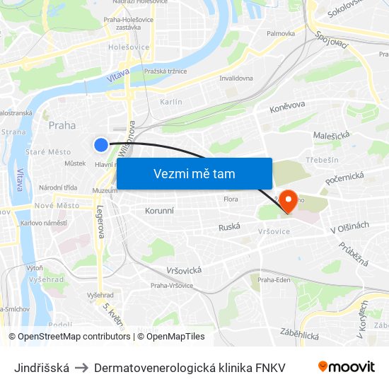 Jindřišská to Dermatovenerologická klinika FNKV map