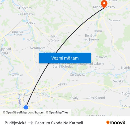 Budějovická to Centrum Škoda Na Karmeli map