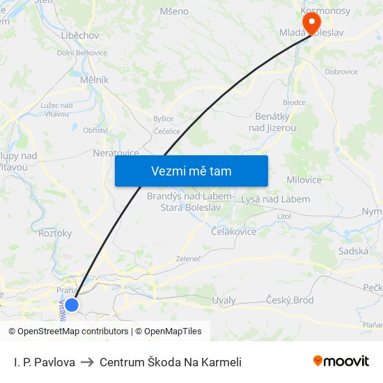 I. P. Pavlova to Centrum Škoda Na Karmeli map