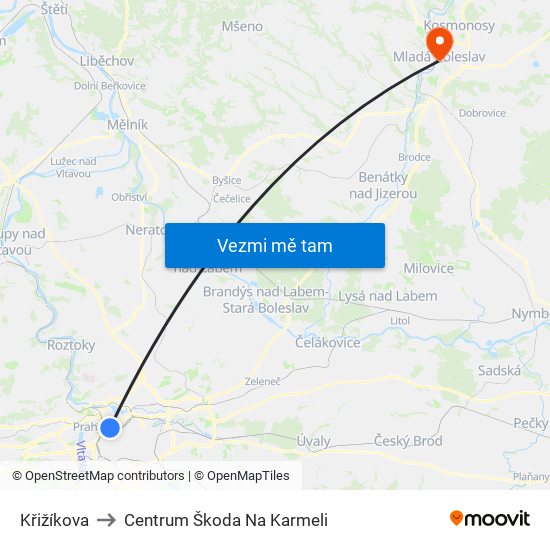 Křižíkova to Centrum Škoda Na Karmeli map