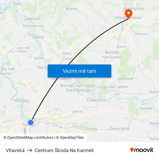 Vltavská to Centrum Škoda Na Karmeli map