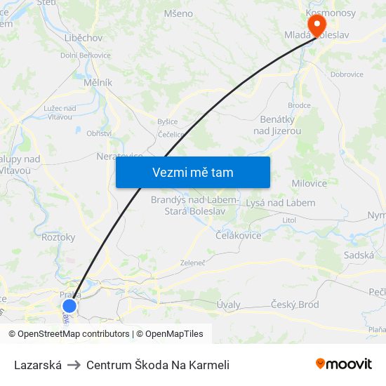 Lazarská to Centrum Škoda Na Karmeli map