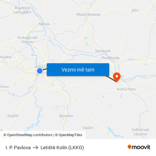 I. P. Pavlova to Letiště Kolín (LKKO) map