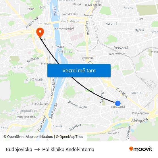 Budějovická to Poliklinika Anděl-interna map