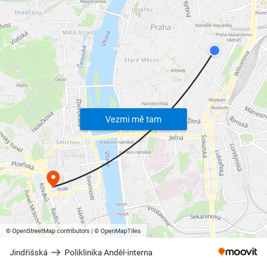 Jindřišská to Poliklinika Anděl-interna map