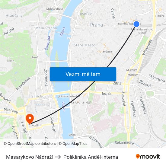 Masarykovo Nádraží (D) to Poliklinika Anděl-interna map