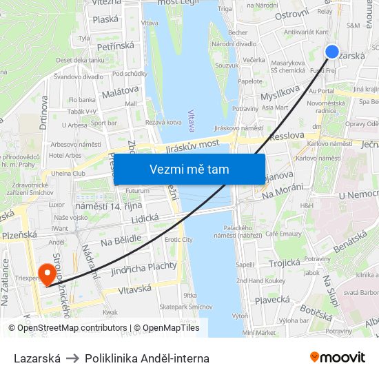 Lazarská to Poliklinika Anděl-interna map